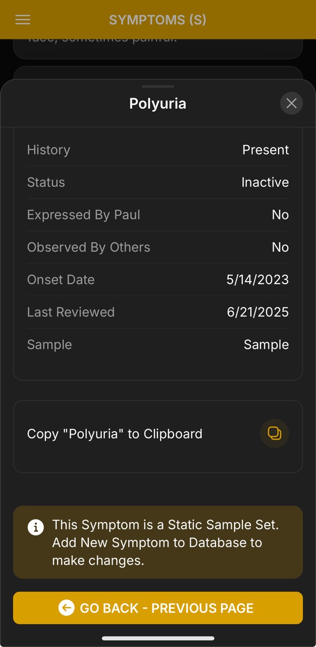 Symptoms Detail Page (Polyuria Specs)